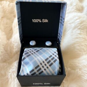 Elegant Blue Plaid Silk Tie Set